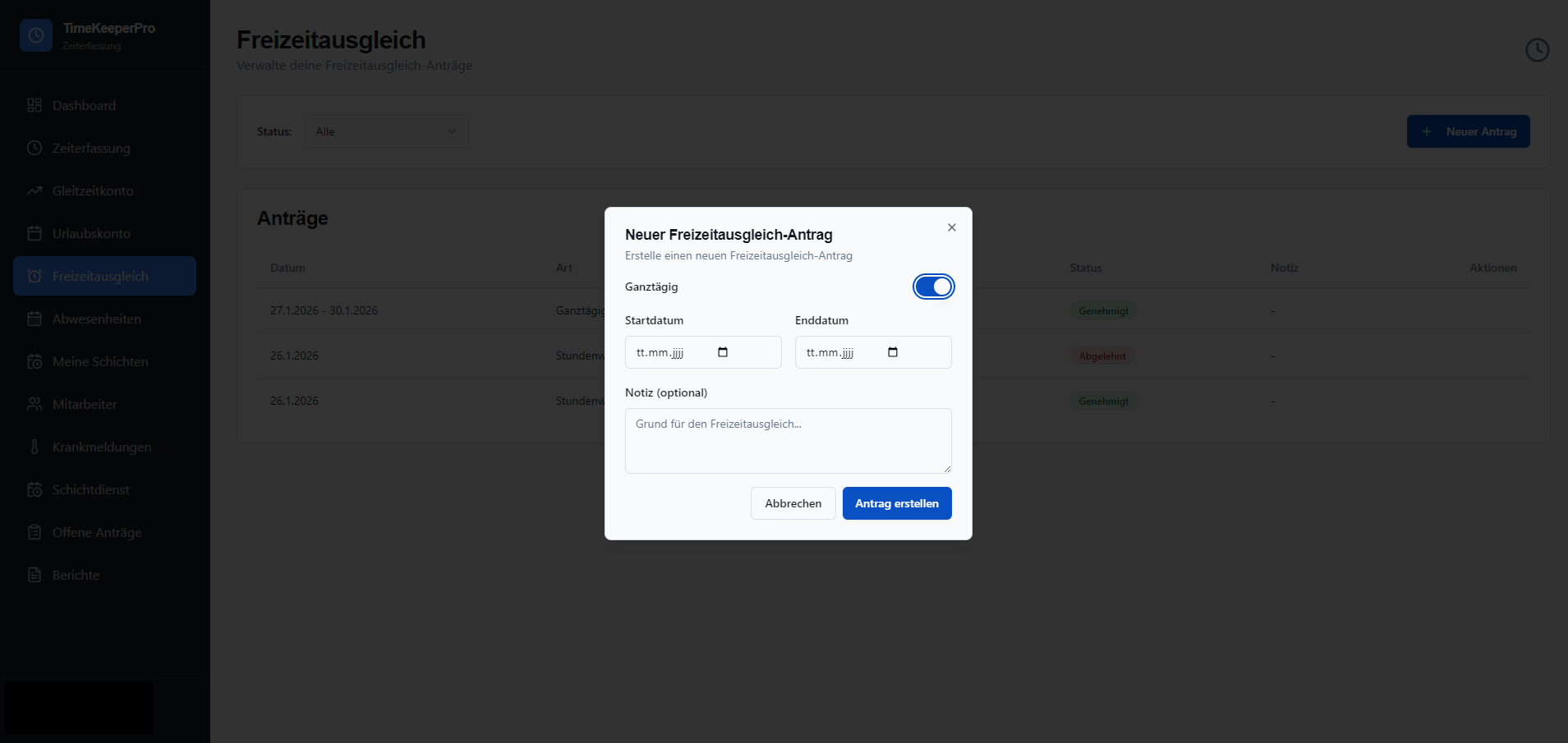 TimeKeeper Pro – Freizeitausgleich beantragen