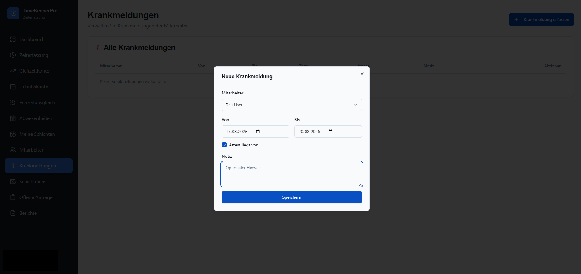 TimeKeeper Pro – Krankmeldung
